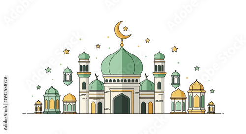 Beautiful Islamic Mosque with Crescent Moon and Lanterns Decoration, Illustrating Ramadan and Eid Celebrations