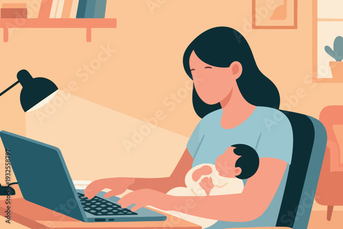 Vector of a busy mother carrying a baby while working in front of a laptop Illustration Creative Design Template 