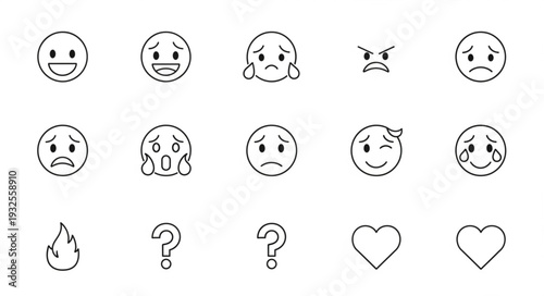 Collection of various outlined emoji expressions representing different emotions and feelings.