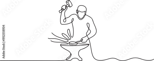 One continuous line drawing of blacksmith working activity.one line vector illustration with white background