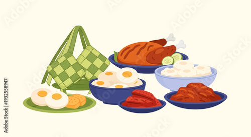 Vibrant vector illustration of a traditional Southeast Asian festive meal, showcasing roasted chicken, boiled eggs, rice packets, and spicy sambal, perfect for cultural celebrations and holiday feasts
