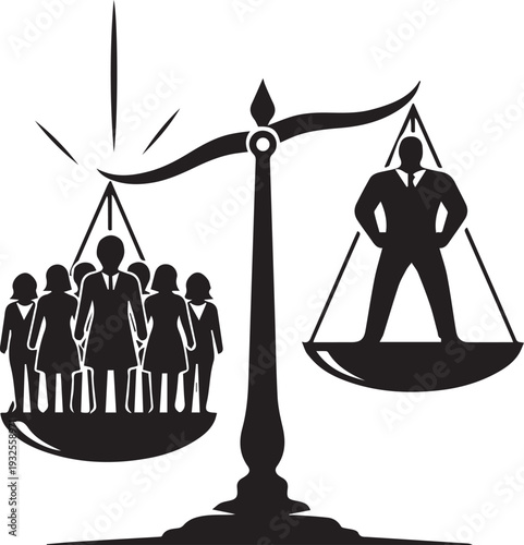 Scales of justice vector silhouette illustration with group of women and single man on opposing sides