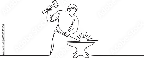 One continuous line drawing of blacksmith working activity.one line vector illustration with white background