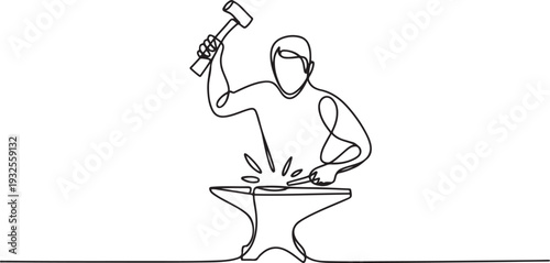 One continuous line drawing of blacksmith working activity.one line vector illustration with white background