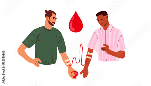 Two men connected by medical tube with red blood. Symbol of blood donation, solidarity, life saving help. Flat vector illustration for medical campaigns, charity projects, donor awareness, unity