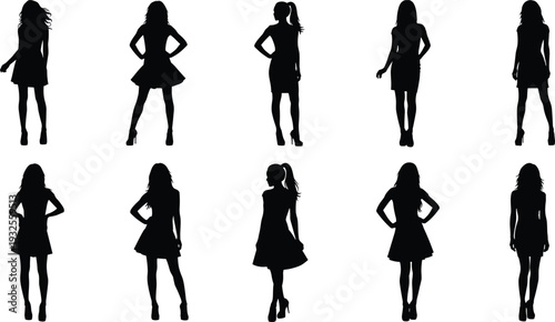 Woman fashion silhouette set featuring female models in various poses wearing dresses and high heels for retail and clothing design