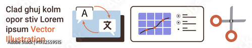 Translation services, data visualization, content editing, technology, productivity, communication. Icons showing language tools, graphs and scissors. Translation and data visualization in tech