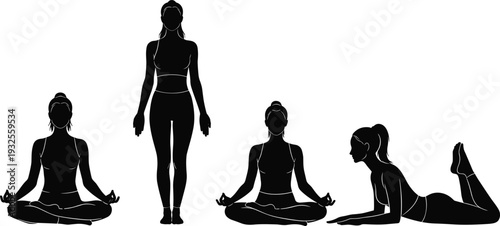 Yoga silhouette set featuring woman in lotus pose standing mountain pose and cobra pose for wellness mindfulness health and fitness design