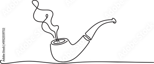 One continuous line drawing smoking pipe with smoke. Vintage tobacco pipe isolated.one line vector illustration with white background