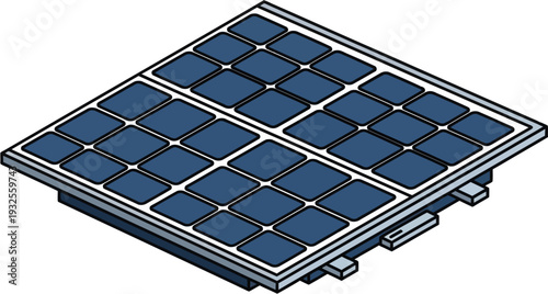 Isometric view of a single solar panel module with multiple photovoltaic cells.