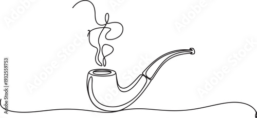 One continuous line drawing smoking pipe with smoke. Vintage tobacco pipe isolated.one line vector illustration with white background