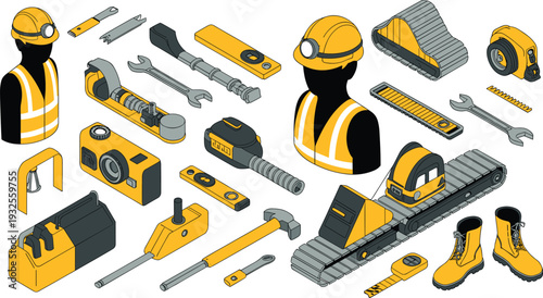 Isometric construction tools and safety equipment set, industrial machinery parts with helmet boots and engineering instruments illustration
