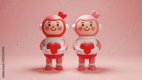 Two cheerful cartoon characters with heart decorations on a pink background smiling and wearing matching outfits with hearts