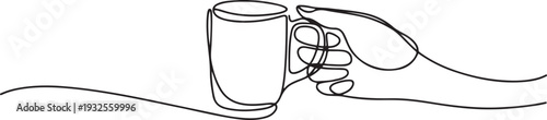 one line drawing hand holding coffee mug.one line vector illustration with white background