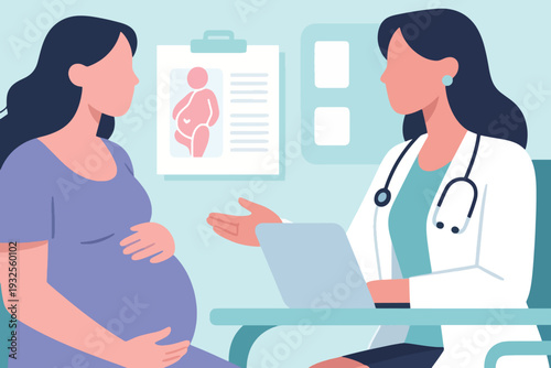 Cartoon Vector of Pregnant Woman Consulting Female Doctor Illustration Creative Design Template 