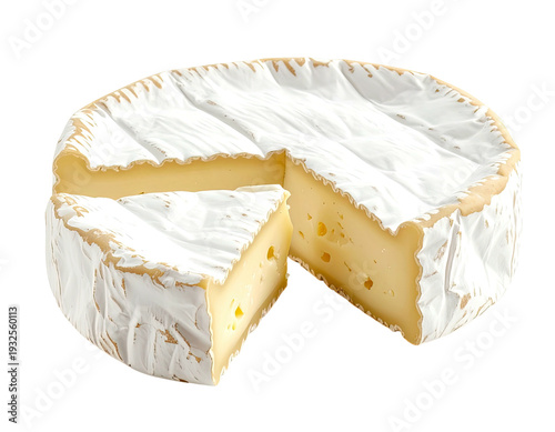 A whole round of creamy cheese with a wedge removed, revealing its soft interior