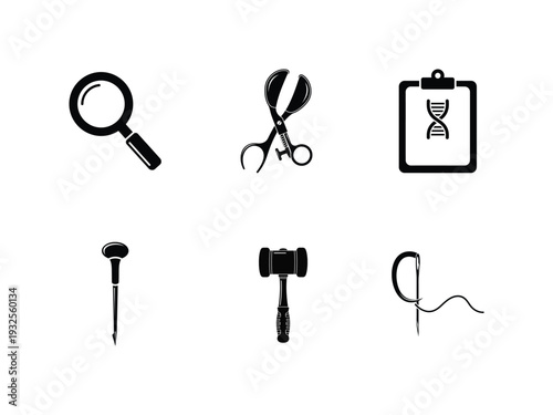 Black icons representing law and justice symbols on a isolated, ui elements, medical icon set