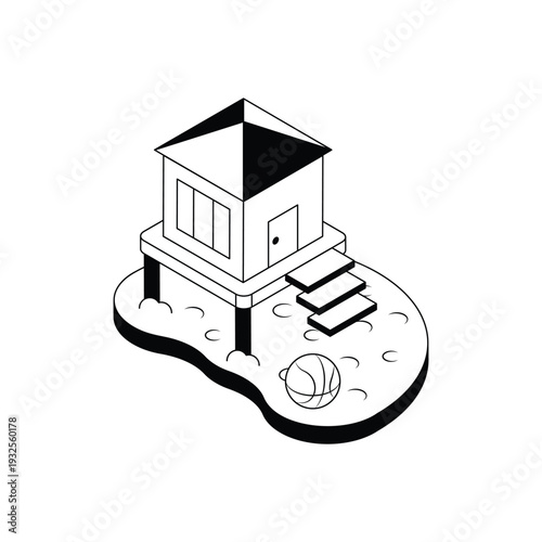 Elevated House on Stilts with Wooden Stairs and Door.