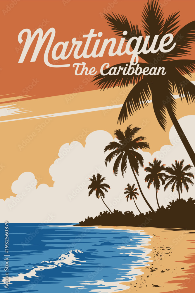 Fototapeta premium Retro Travel Poster Martinique Tropical Island Resort Featuring Beach Coast, Palm Trees, Straw Hut and Ocean View, Paradise Resort Vintage Style Vector Illustration Postcard Design