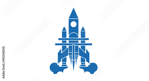 Blue Rocket Ship Launching with Smoke and Flames.