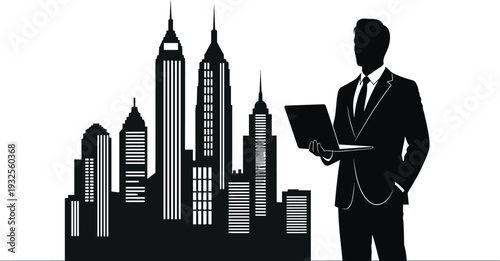 Black and white vector silhouette of a businessman holding a laptop standing in front of a city skyline for corporate and business designs