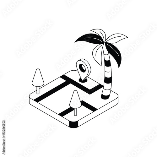 Isometric Map with Location Pin and Palm Trees.