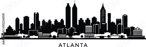 Black and white vector silhouette of Atlanta city skyline with major skyscrapers and buildings for Georgia travel tourism and urban landscape design projects