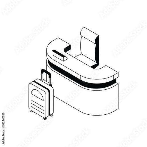 Modern Curved Reception Desk with Nearby Suitcase.