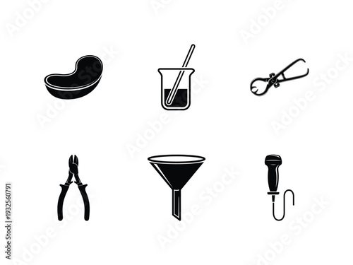 Collection of black kitchen utensils and gadgets on isolated, ui elements, medical icon set