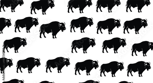 American bison buffalo silhouette set, wild animal bull collection, nature wildlife icons, cad drawing flat vector illustration, isolated on white, 20 words.