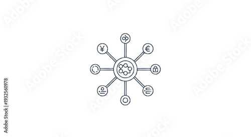 Centralized network diagram with interconnected nodes and icons.