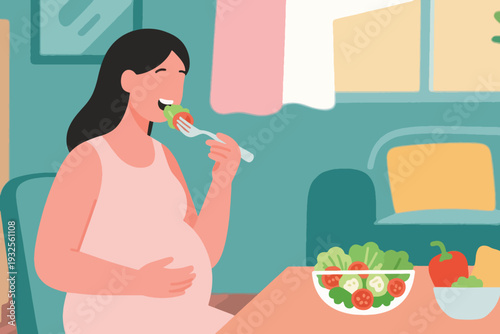 Pregnant Woman Eating Salad Vector Illustration Creative Design Template 