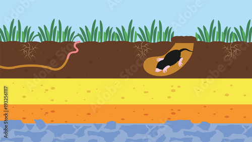 Illustration of a mole digging in the ground. Vector illustration.