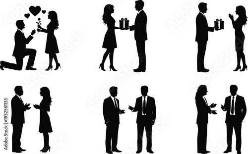Black and white vector silhouette set of people in various life situations including marriage proposal gift giving business discussion and professional networking on white background.