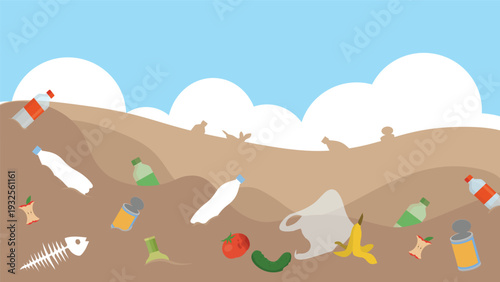 Garbage and waste on the beach. Vector illustration in flat style