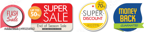 A collection of colorful sale and discount stickers