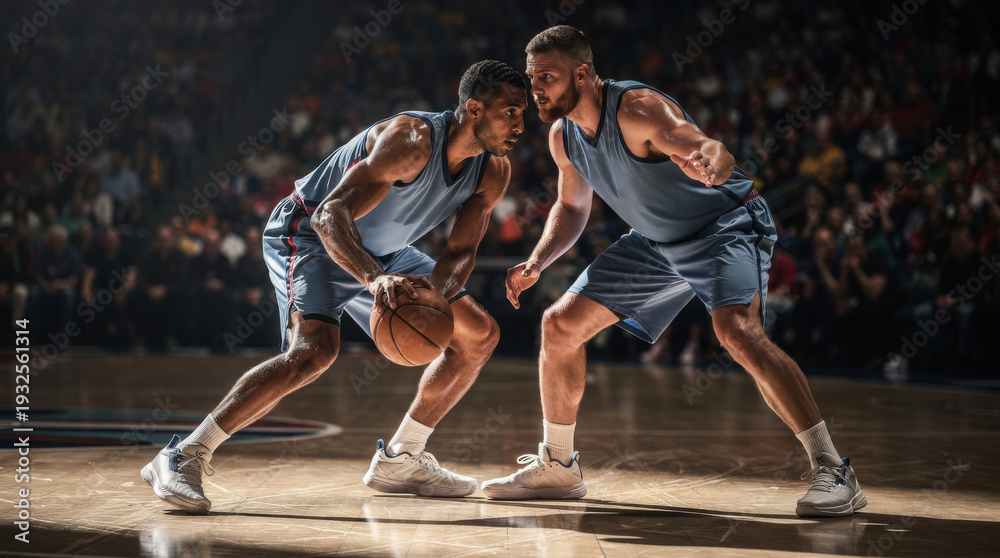 Fototapeta premium Intense basketball players in action during a competitive game on a brightly lit court
