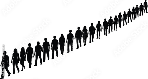 Black and white vector silhouettes of a long line of people standing in a queue for social distancing community waiting and public gathering