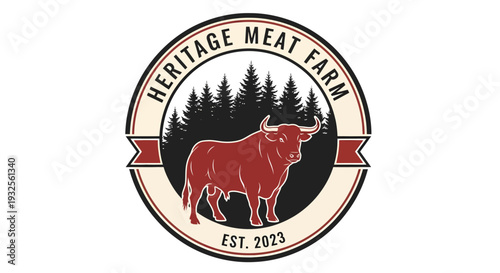 Heritage Meat Farm Logo with Highland Cattle and Forest.