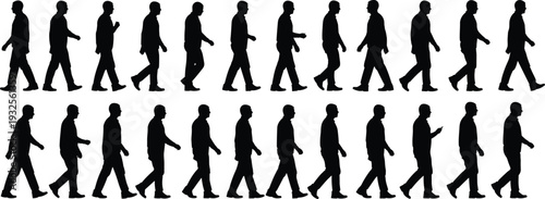 Black and white vector silhouettes of a man walking in profile in various sequential steps for urban lifestyle movement and architectural visualization