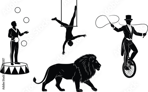 Black Circus Silhouette Vector Set Featuring Juggler Trapeze Artist Lion and Unicycle Ringmaster Isolated on White Background for Vintage Show Design