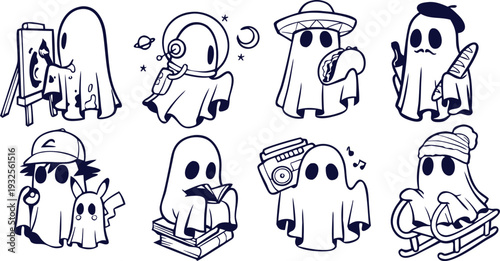 Cute ghost doodle set with playful Halloween illustration. Hand drawn spooky character collection in outline style. Perfect for sticker, party invitation, poster, or social media design.