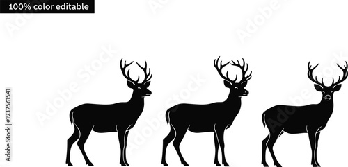 Black deer silhouette vector set, elegant buck with antlers standing, wild reindeer icons, forest animal graphics isolated on white background.