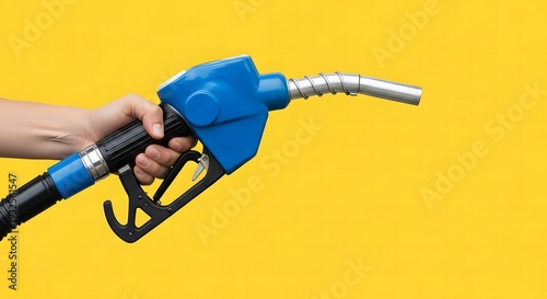 A hand holding a blue gas pump nozzle on a yellow background