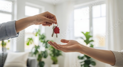 Hands exchanging house keys in a bright and airy room with plants