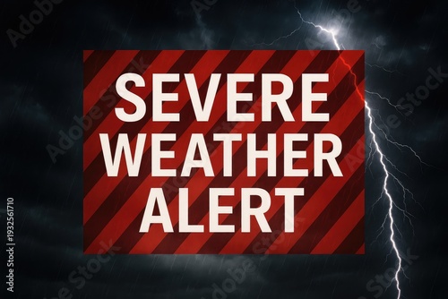 Severe weather alert message with lightning and rain, storm warning, natural disaster storm.