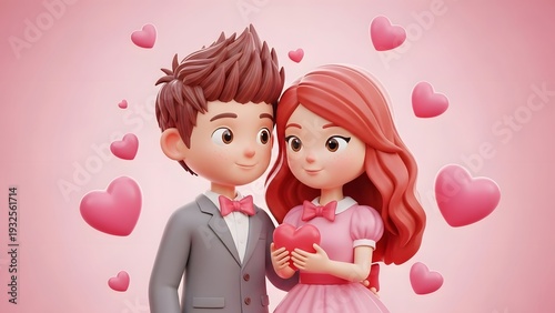 A cartoon illustration of a romantic couple on a lovely pink background with hearts