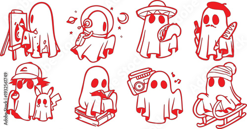 Cute ghost doodle vector set with playful Halloween character illustration. Hand drawn spooky mascot collection featuring hat, moon, flower, and pumpkin details. Fun cartoon style.