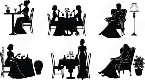 Black and white vector silhouettes of elegant women in evening gowns dining at tables and relaxing in luxury chairs for formal gala events