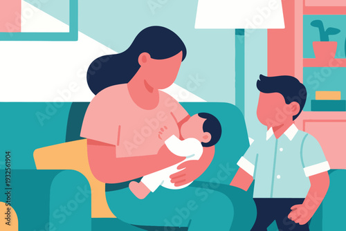 Flat Design of Family Happiness: Mother, Brother, and Little Baby Illustration Creative Design Template 